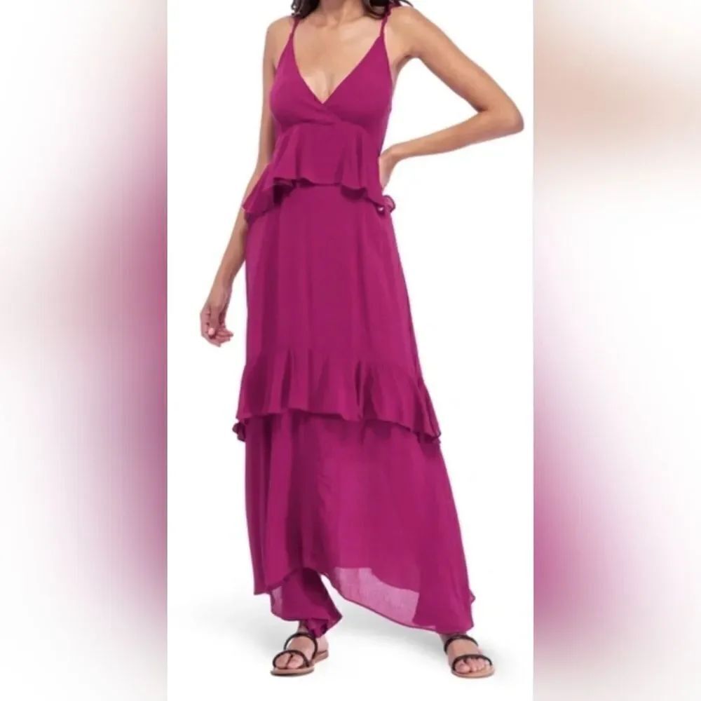 BOBEAU Ruffle Tier Woven Maxi Dress Raspberry Nwot Size XS